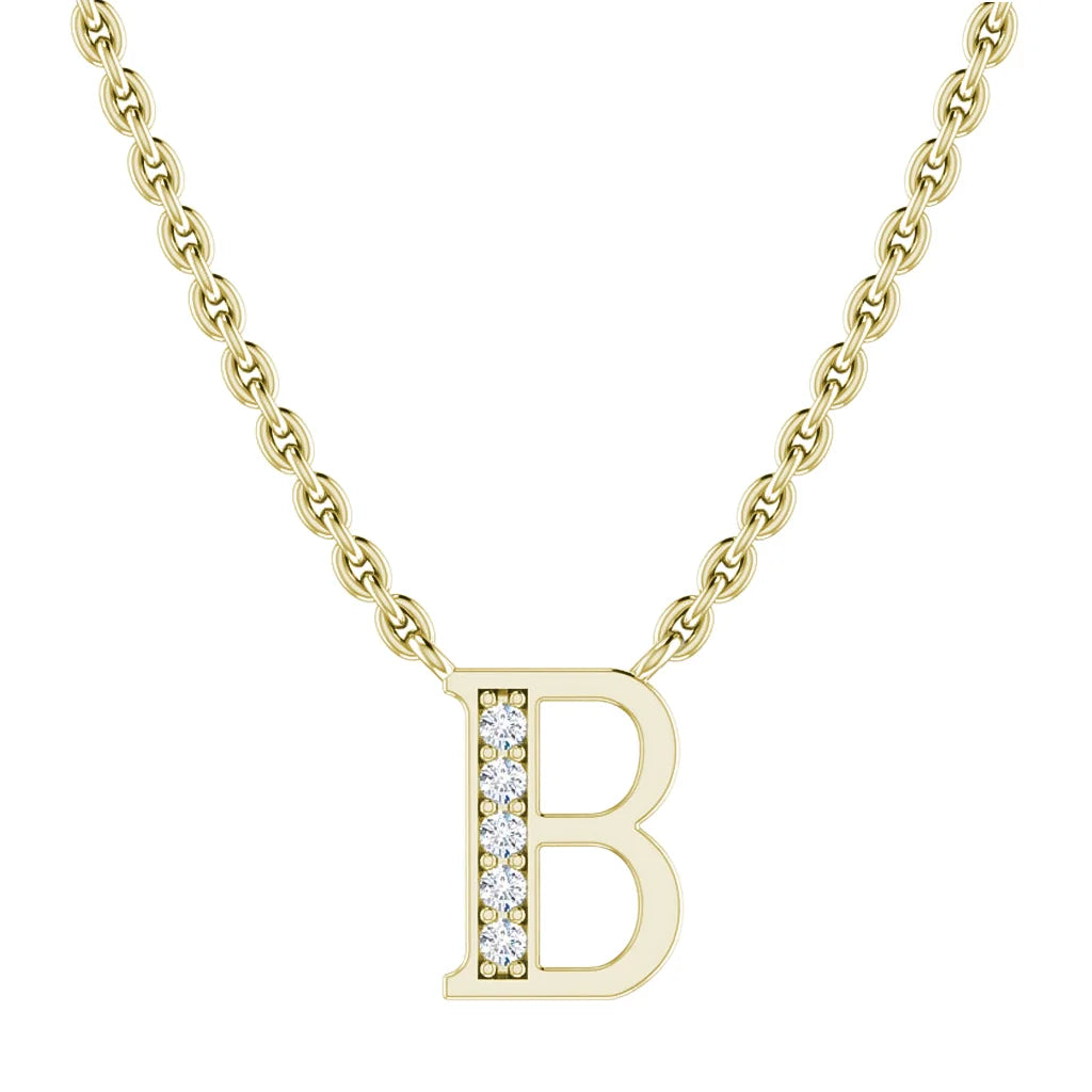 Gold chain necklace with a letter B pendant, half adorned with small sparkling diamonds.
