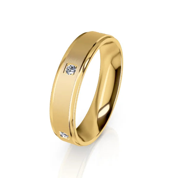 Gold ring with a smooth finish, featuring two small embedded diamonds on opposite sides of the band.