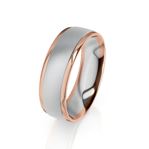 A two-tone wedding band with a matte silver center and polished rose gold edges on a white background.