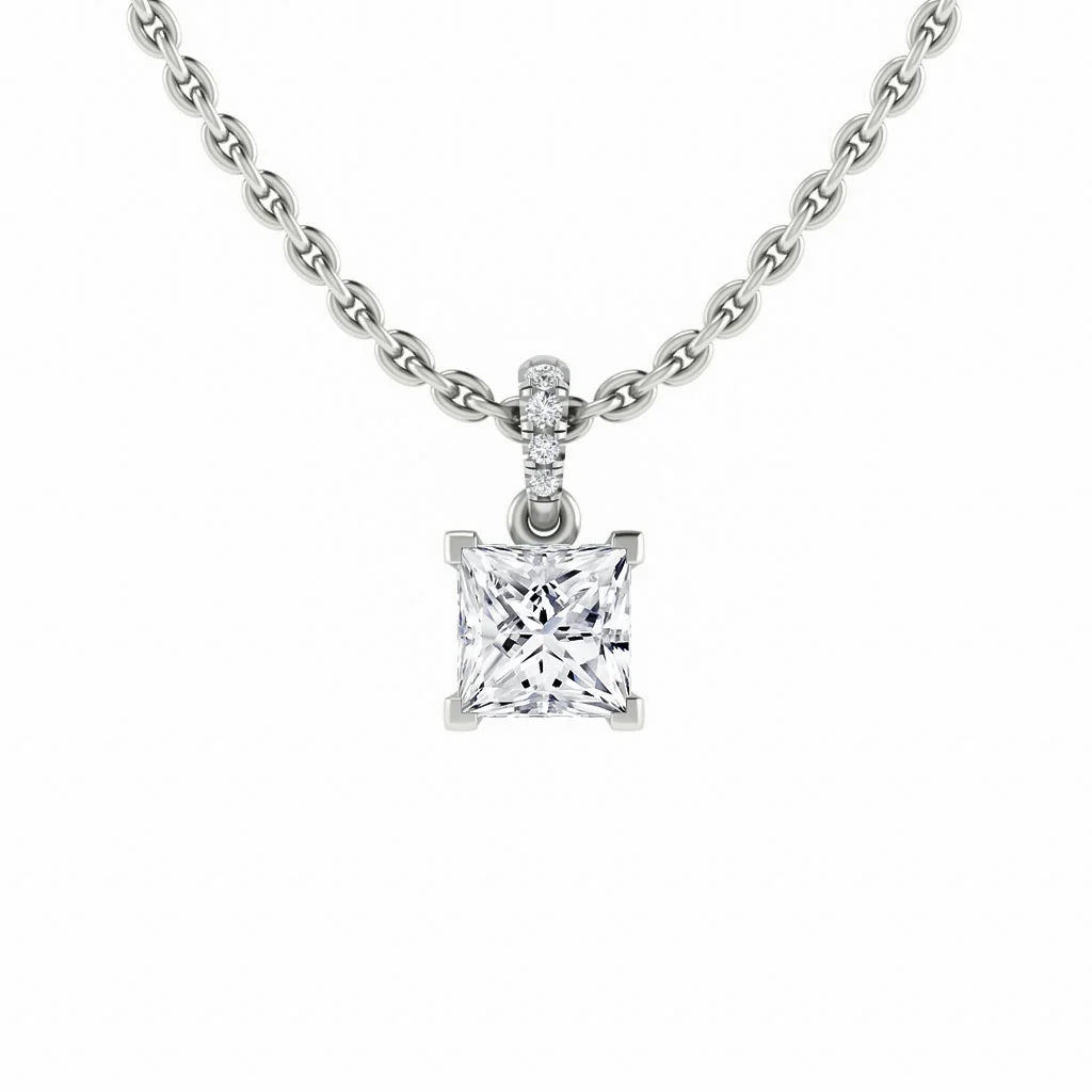 Silver chain necklace with a square-cut diamond pendant and three small round diamonds above the main stone.