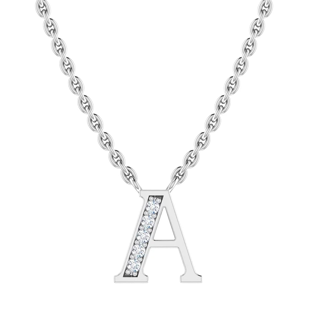 Silver necklace with an A pendant; left side of the letter is adorned with small, sparkling gemstones.