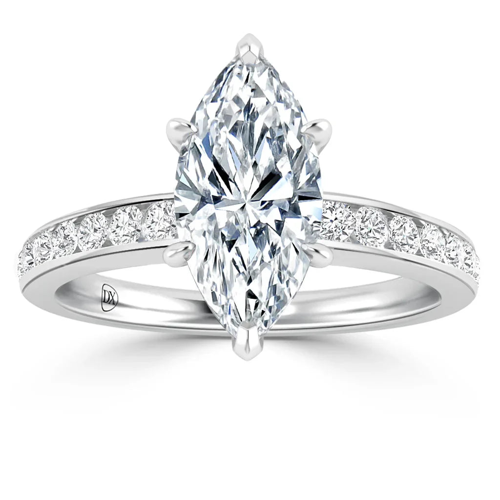 A marquise-cut diamond ring with a pavé band set in white metal, shown against a white background.