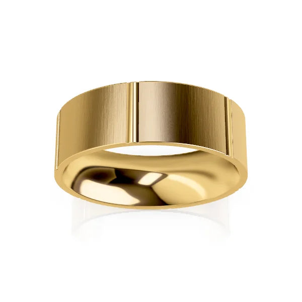 A wide, polished gold band ring with a subtle brushed finish on a white background.