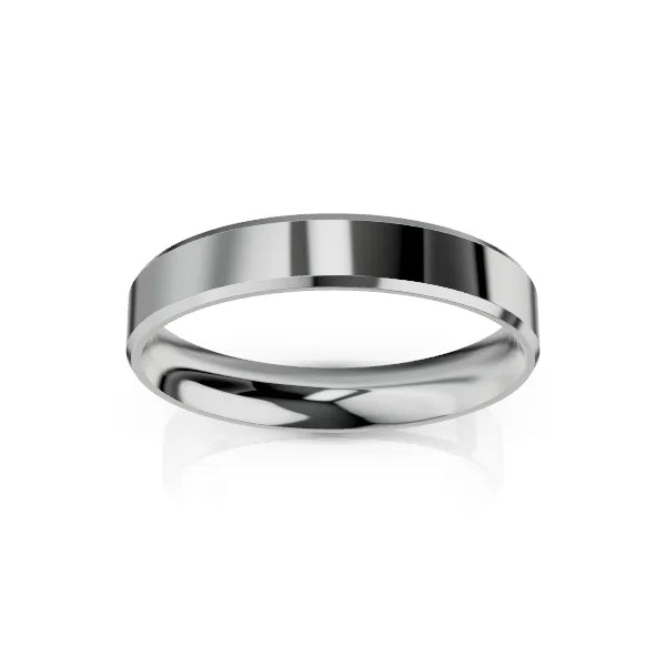 A simple, polished silver band ring with a smooth, reflective surface on a white background.
