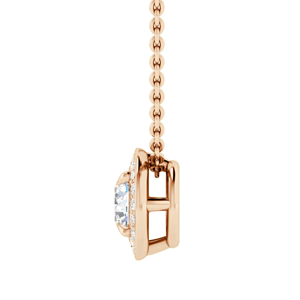 A rose gold necklace with an H-shaped pendant, featuring a row of small diamonds around the edge.