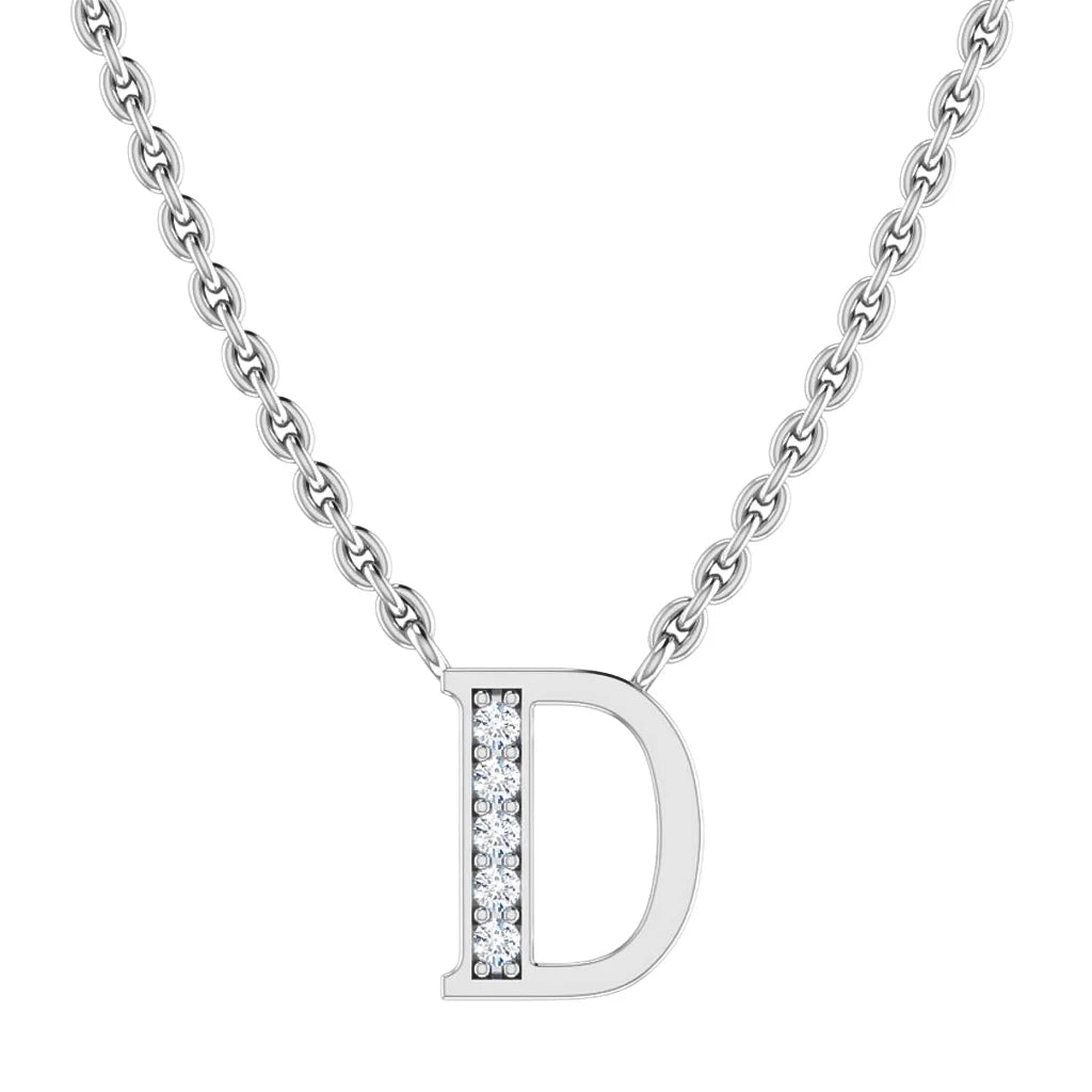 Silver chain necklace with a capital letter D pendant, accented with vertical embedded white gemstones.