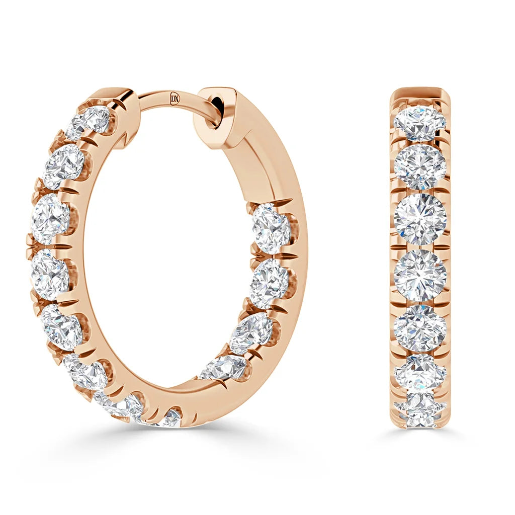 Rose gold hoop earrings set with round white diamonds, shown from a side and front angle on a white background.