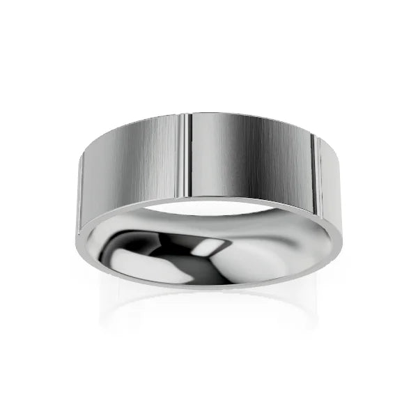 A wide, polished silver ring with a brushed matte finish and a smooth, reflective inner band.