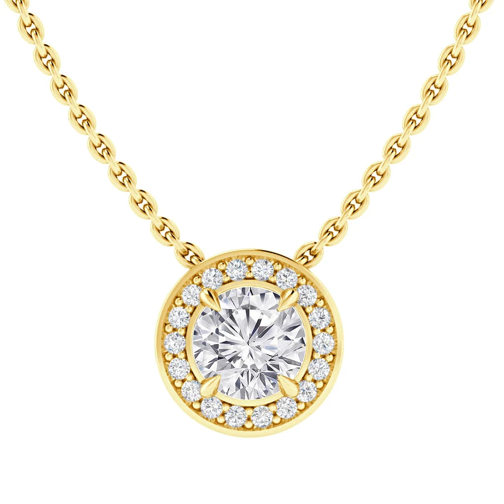Gold chain necklace with a round diamond pendant surrounded by smaller diamonds in a circular setting.