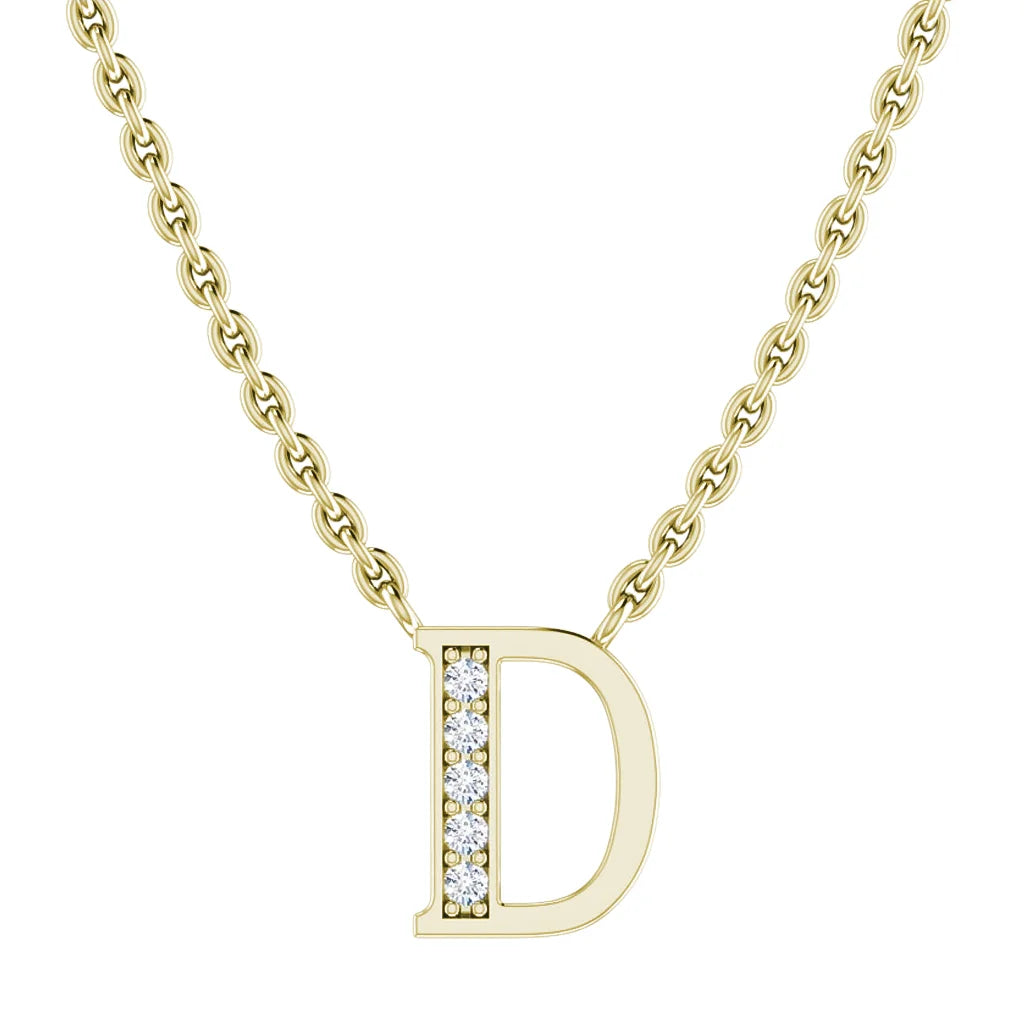 Gold chain necklace with a gold letter D pendant, featuring embedded small clear gemstones on the left side.