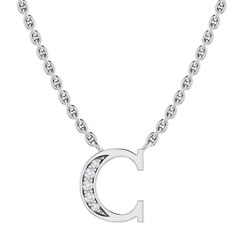 Silver chain necklace with a letter C pendant, decorated with small sparkling white stones on one side.