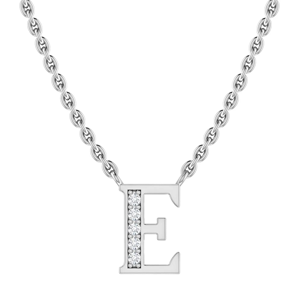 Silver necklace with a letter E pendant, half adorned with small clear gemstones, on a chain.