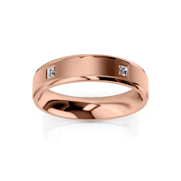 Rose gold band ring with a matte finish, featuring two small round diamonds set opposite each other.