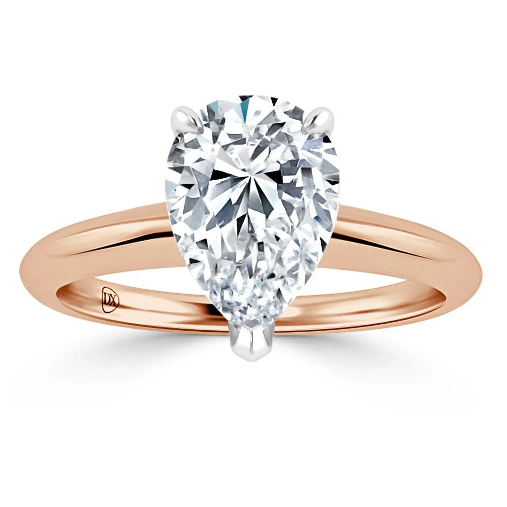 A pear-shaped diamond solitaire ring with a rose gold band, viewed from the front on a white background.