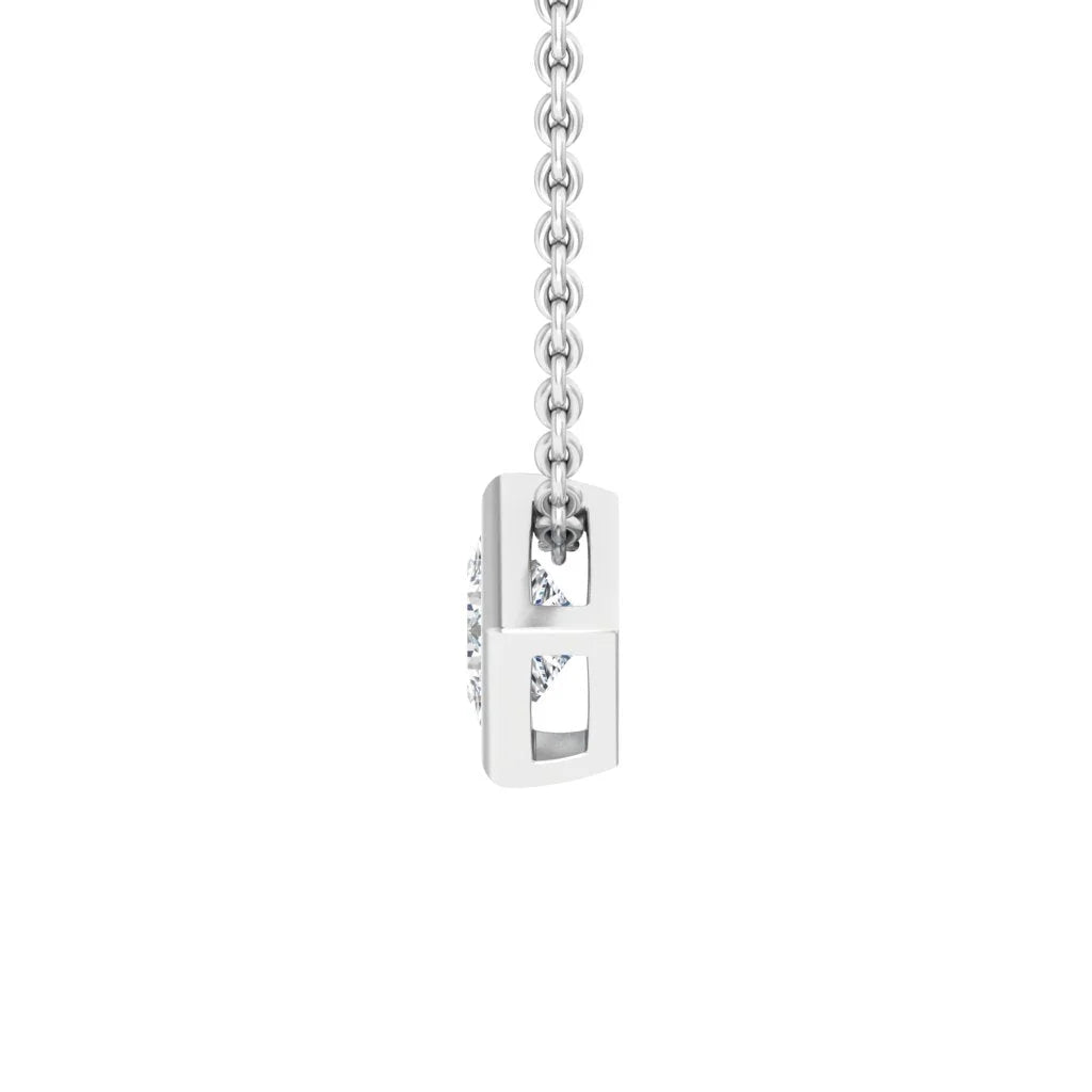 A silver chain necklace with a rectangular silver pendant holding a round diamond at its center, on white background.