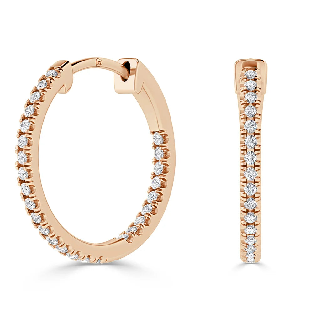 Rose gold hoop earrings lined with small, round white diamonds, shown from front and side views.