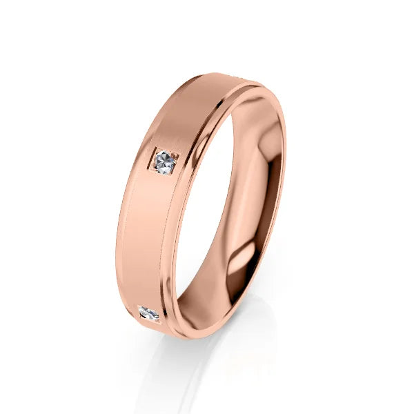 Rose gold band ring with two small diamonds set apart, shown on a white background.