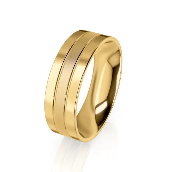 A gold ring with a smooth finish and two parallel grooves encircling the band, shown on a white background.