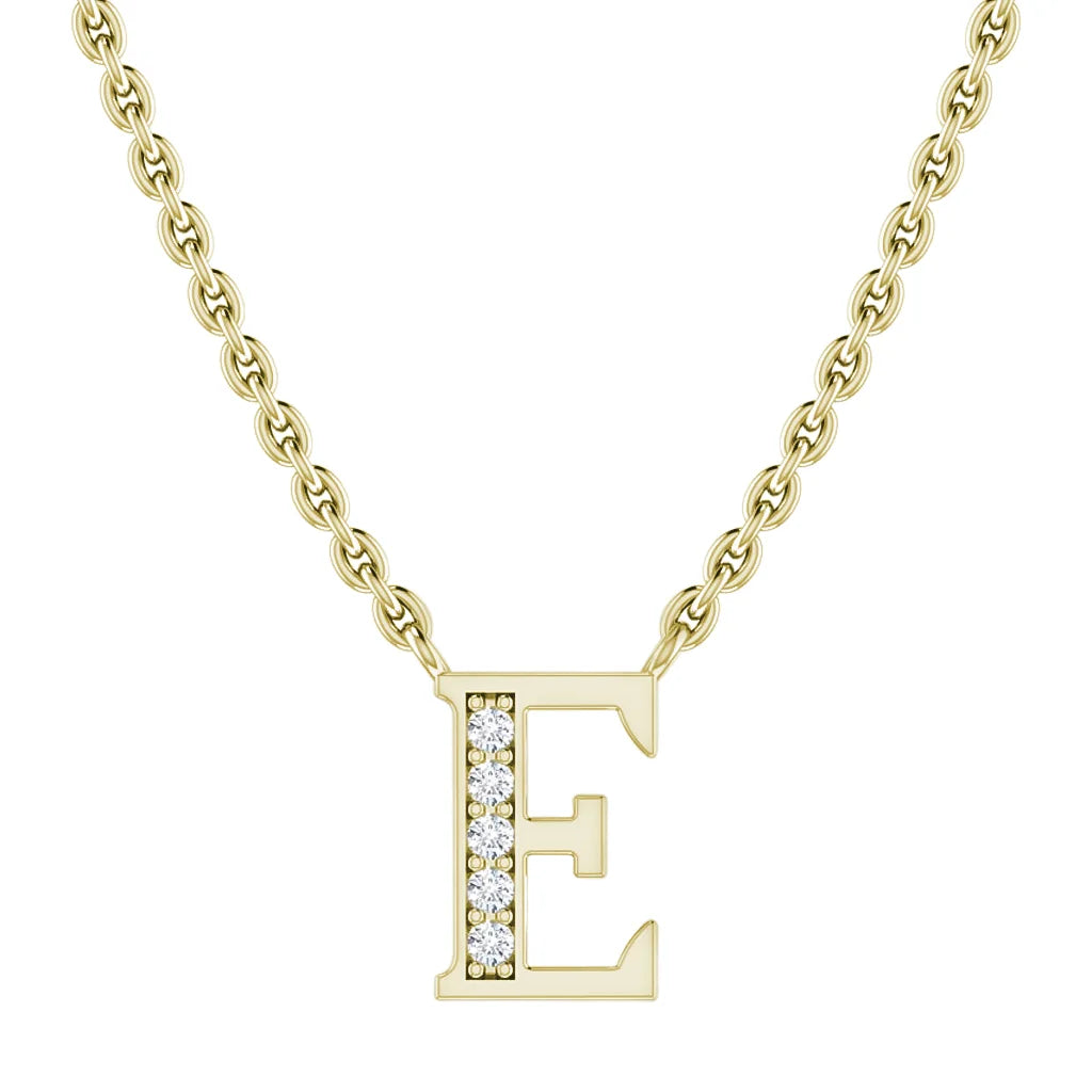 Gold chain necklace with a letter E pendant, partly encrusted with small, sparkling diamonds.