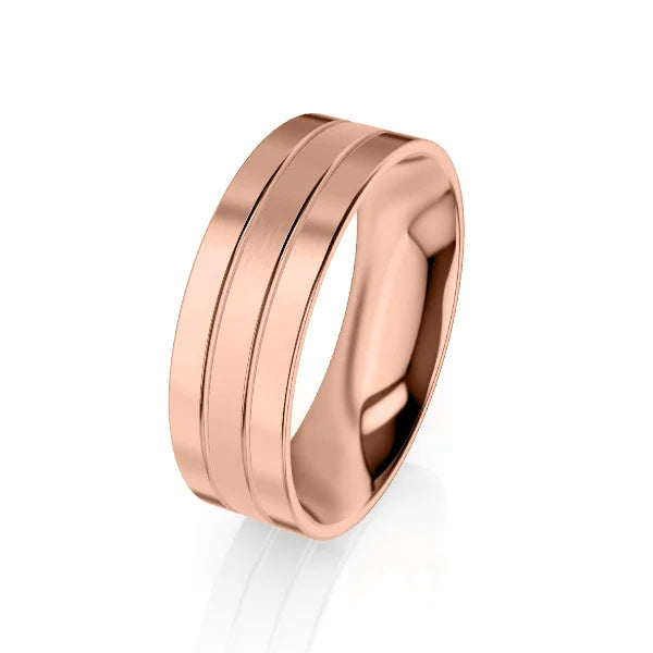 A rose gold ring with two parallel grooves, featuring a polished and reflective finish.