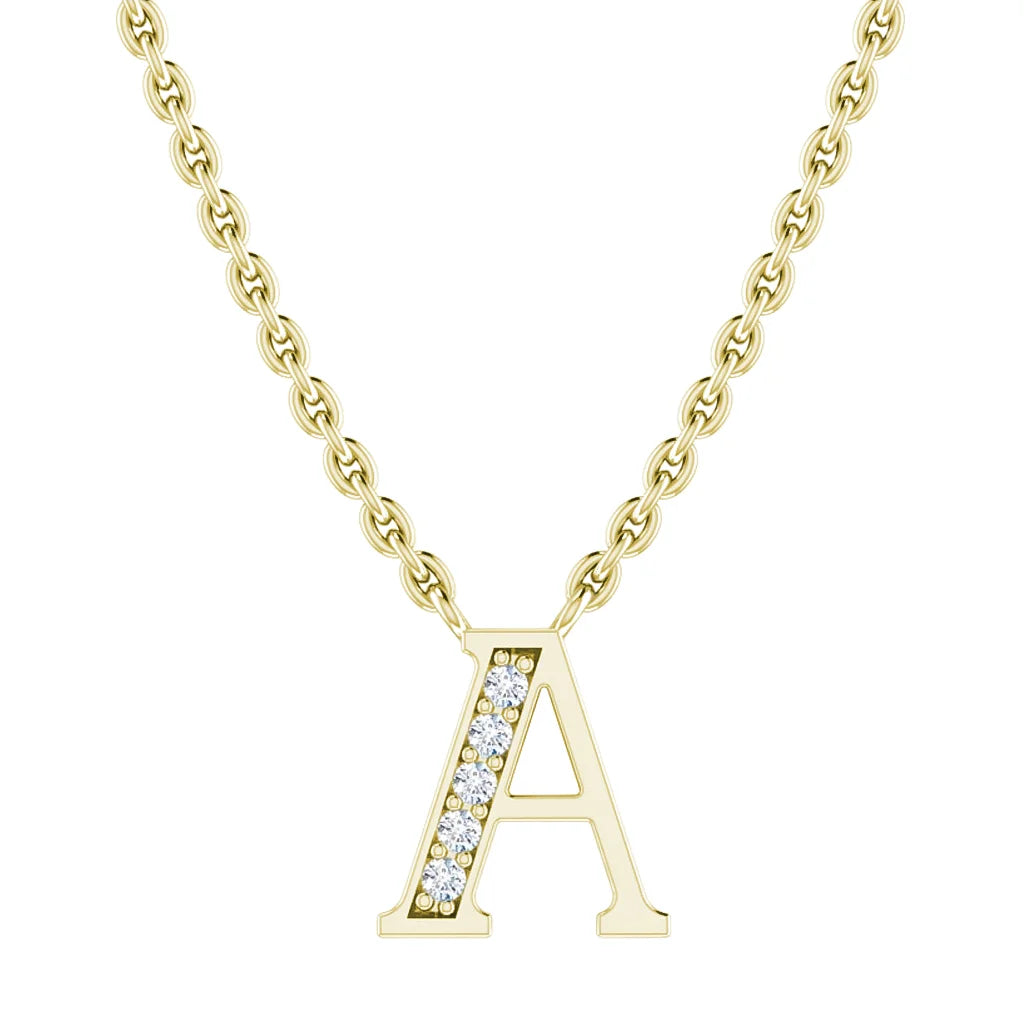 Gold necklace with an A pendant; left side of the letter is adorned with small sparkling diamonds.