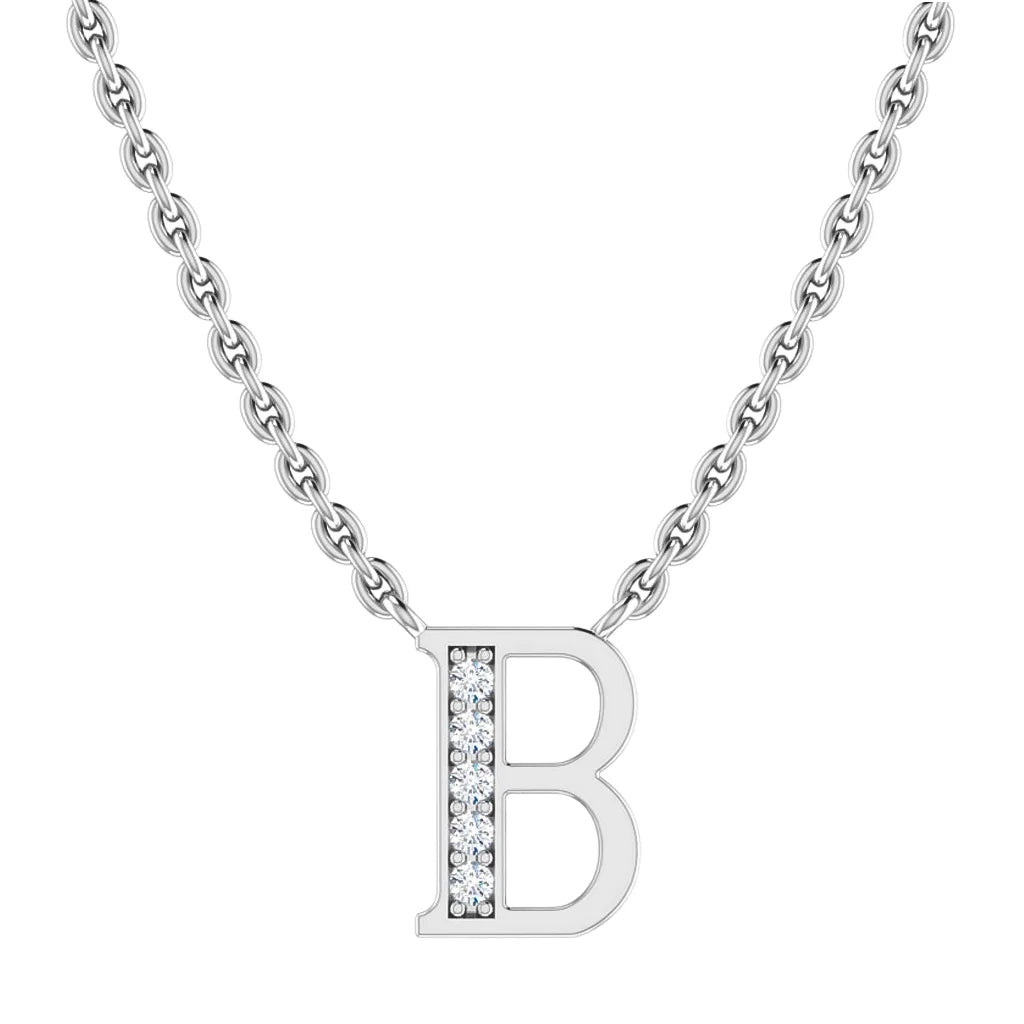 Silver chain necklace with a letter B pendant, half encrusted with small sparkling gemstones.