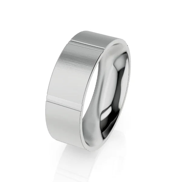 A silver ring with a brushed matte finish and a single polished groove near one edge, on white background.