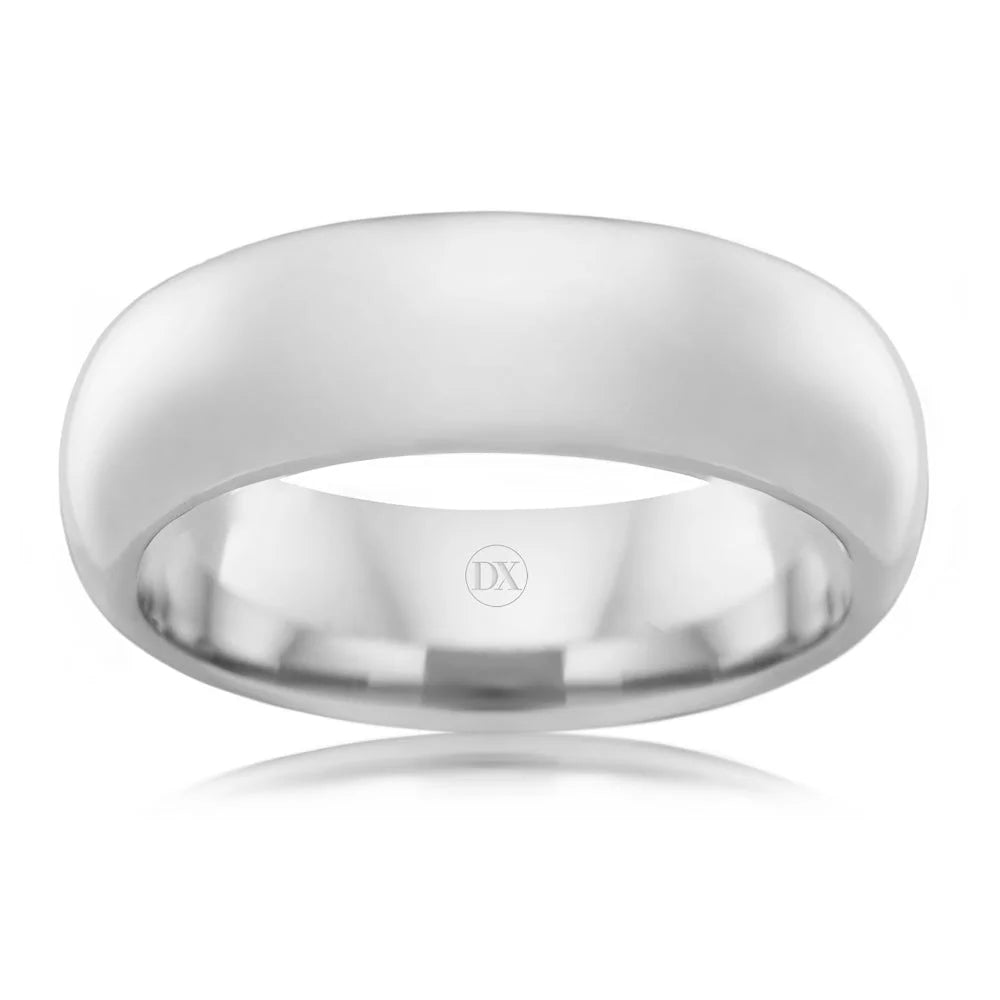 A plain, polished silver wedding band with a domed surface, shown on a white background.