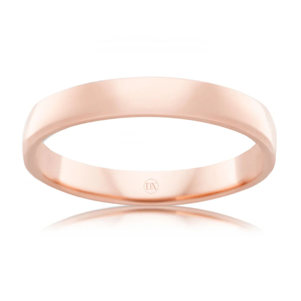 A simple, polished rose gold band ring with a smooth finish, shown on a white background.