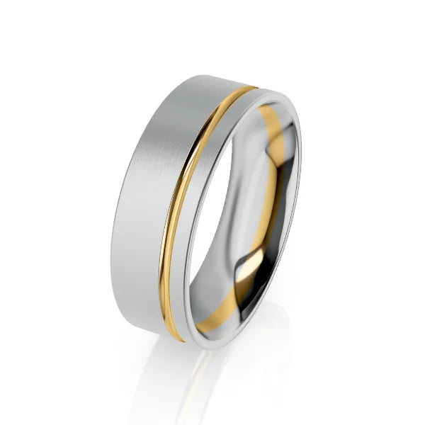 A silver ring with a polished finish and a thin gold stripe running around its center.