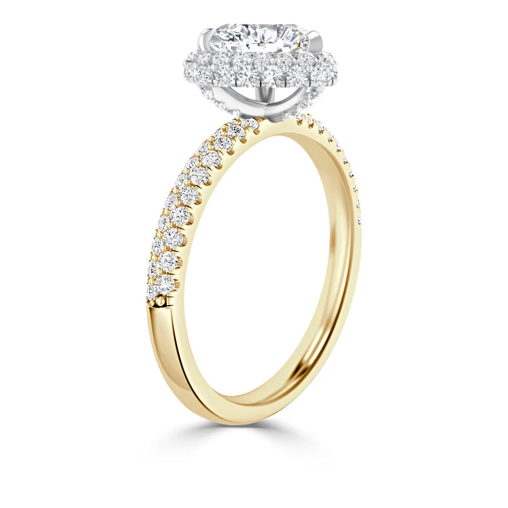Gold engagement ring with a diamond halo setting and pavé diamonds along the band, shown from the side.