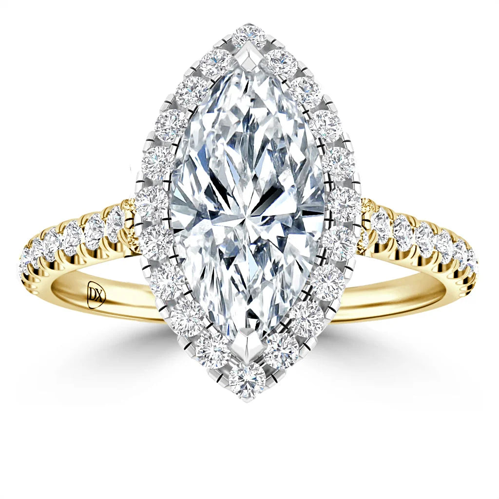 A marquise-cut diamond ring with a halo and pavé band set in yellow gold, shown on a white background.