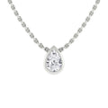 A silver chain necklace with a teardrop-shaped diamond pendant set in a smooth metal bezel.