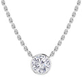 Silver chain necklace with a round, bezel-set clear gemstone pendant centered at the front.