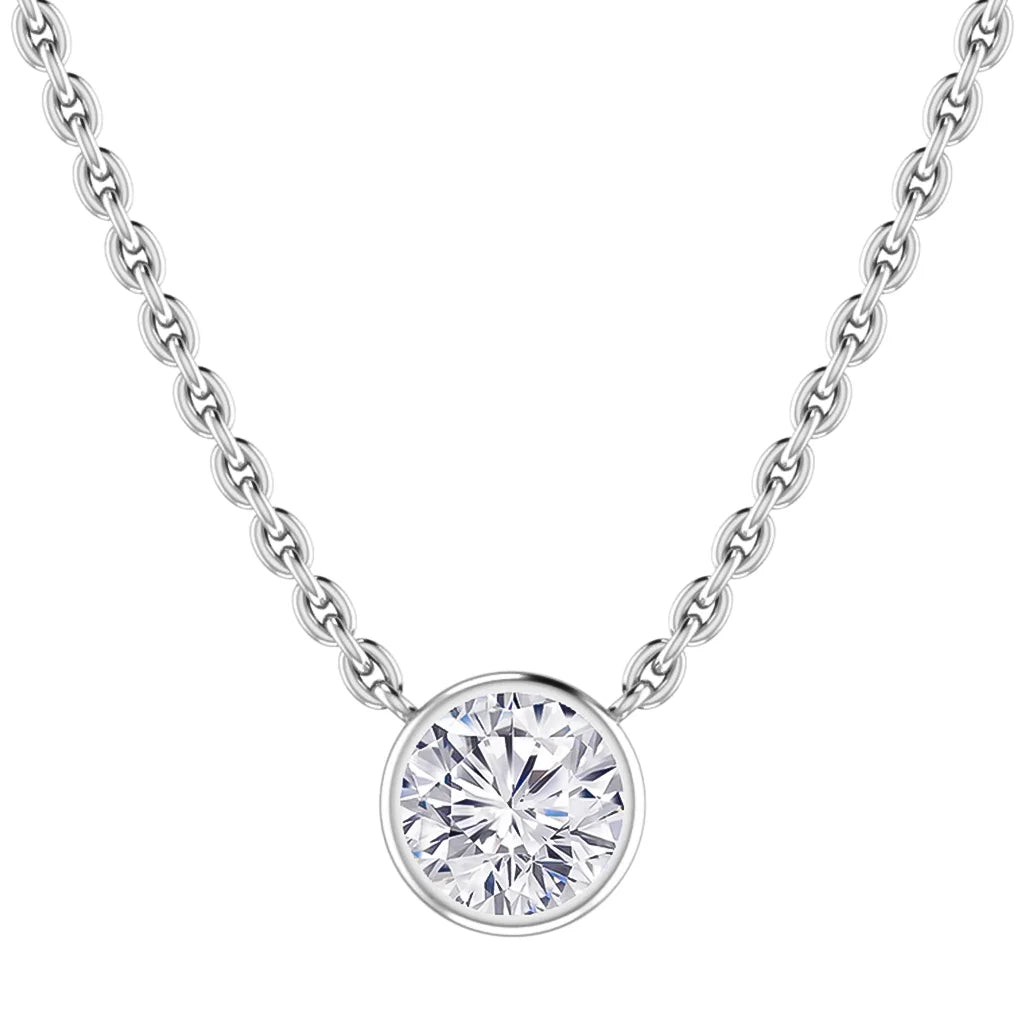 Silver chain necklace with a round, bezel-set clear gemstone pendant centered at the front.