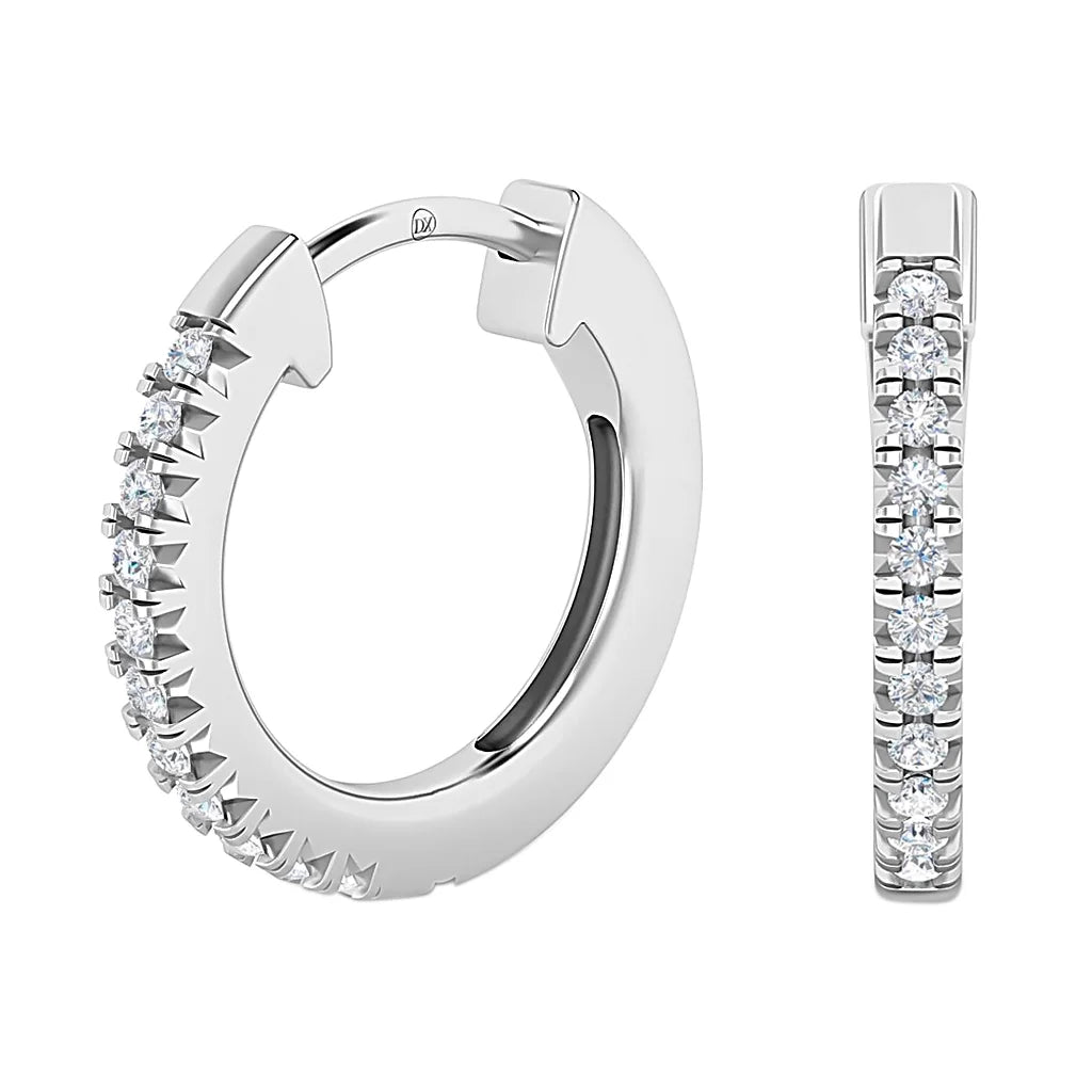 A pair of silver hoop earrings, each adorned with a row of small round white gemstones on the front.
