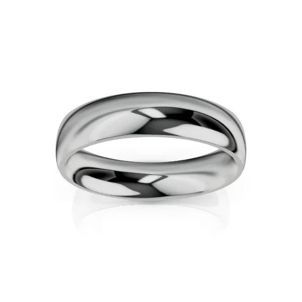 A polished silver metal band ring with a smooth, rounded surface on a white background.