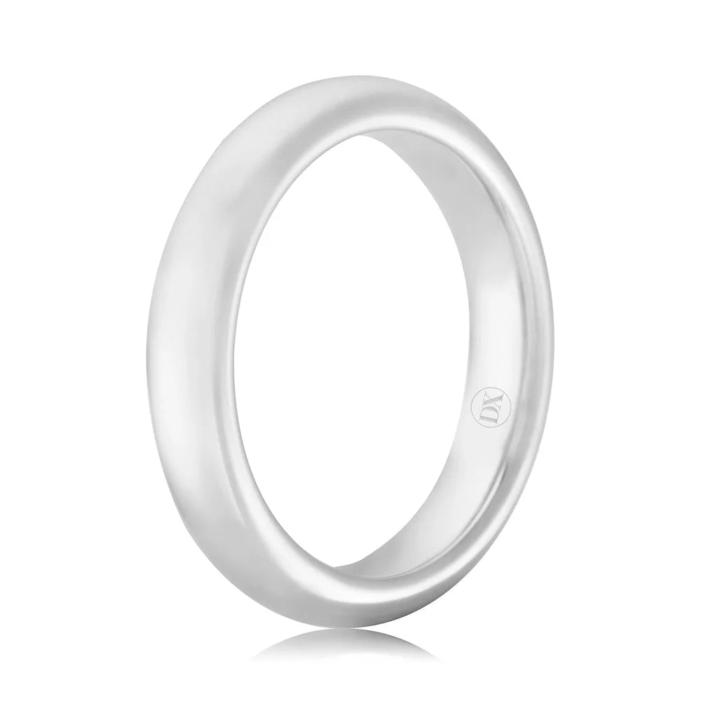 A simple, polished silver band ring with a smooth, rounded surface on a white background.