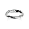 A simple, polished silver metal band ring with a smooth, reflective surface on a white background.