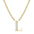 Gold chain necklace with a gold letter L pendant accented with small, clear gemstones on one side.