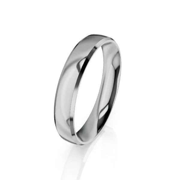 Simple, polished silver band ring with a smooth, reflective surface on a white background.
