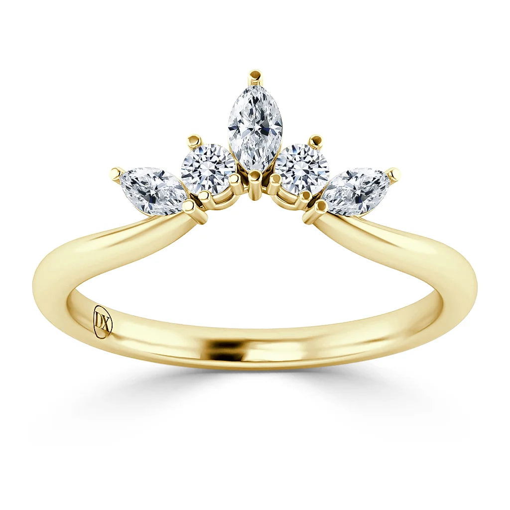 Gold ring with three marquise and two round diamonds arranged in a crown-like cluster setting.