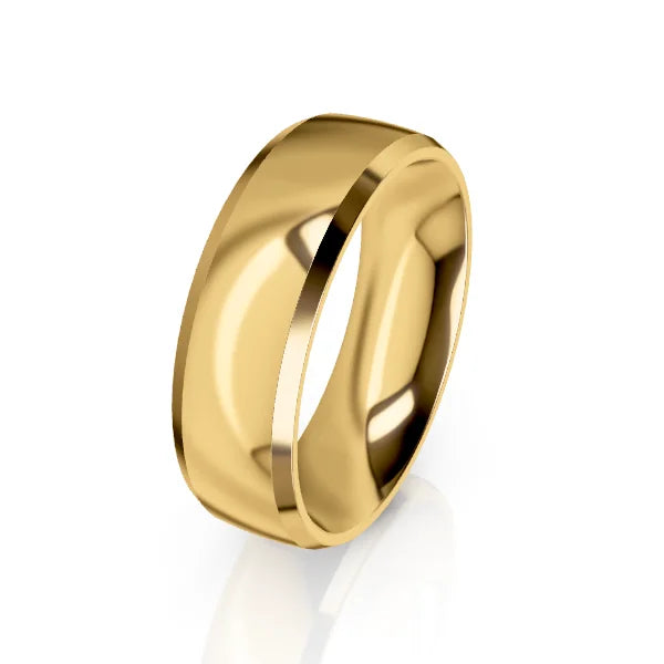 A plain, polished yellow gold wedding band with a smooth, shiny surface, shown on a white background.