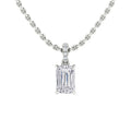 A silver chain necklace with an emerald-cut diamond pendant and small diamonds on the bail.