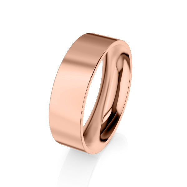 A plain, polished rose gold band ring with a smooth, reflective surface on a white background.