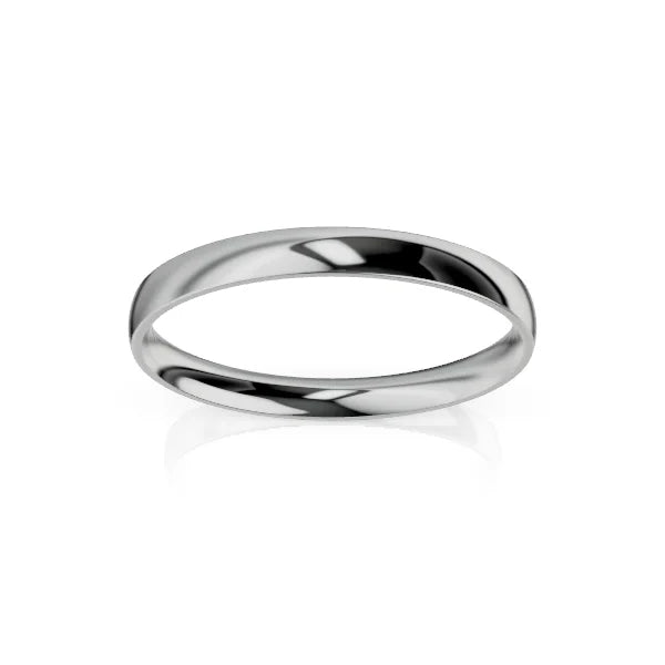 A simple, polished silver wedding band with a smooth, rounded surface set against a white background.