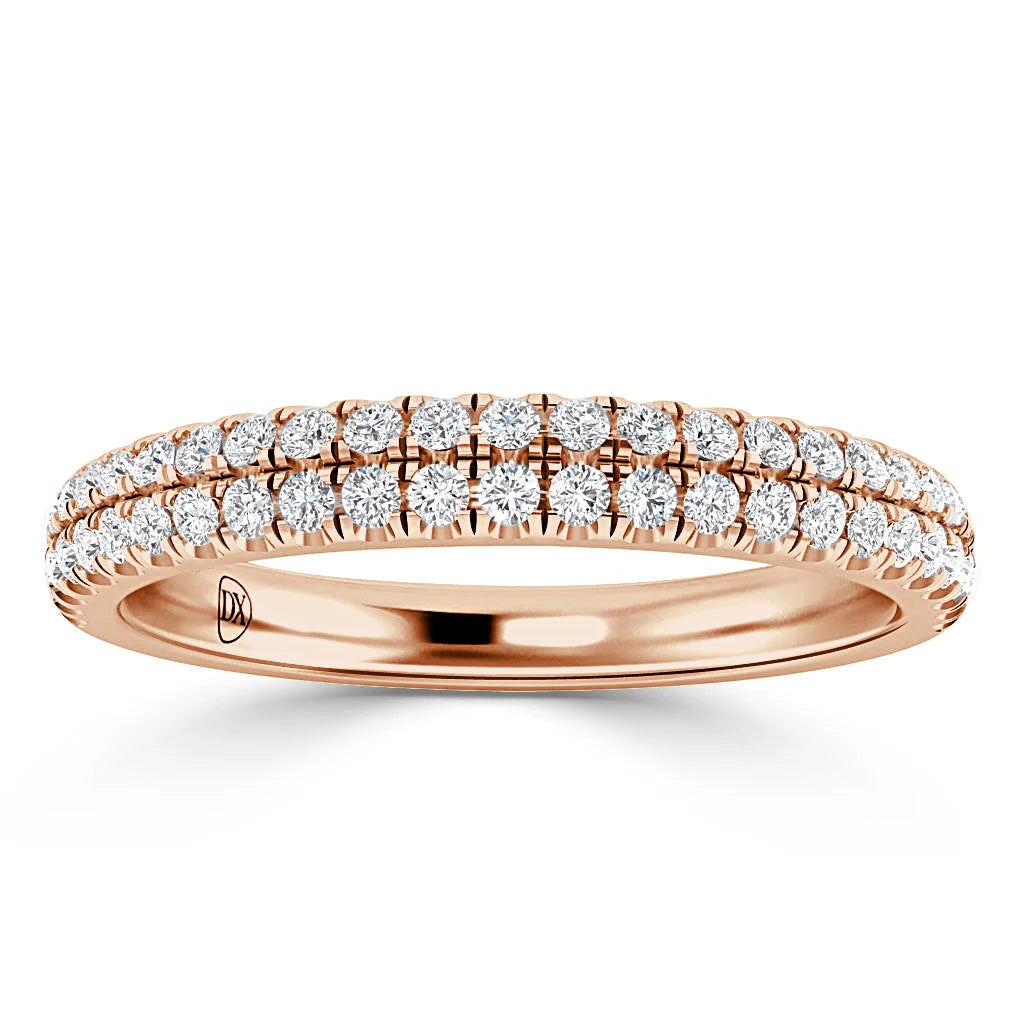 Rose gold ring with two rows of small round diamonds set along the top half of the band.