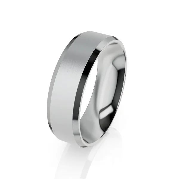 A silver mens wedding band with a matte center and polished beveled edges on a white background.