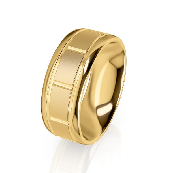 A gold ring with a brushed center and polished edges, featuring rectangular groove details around the band.