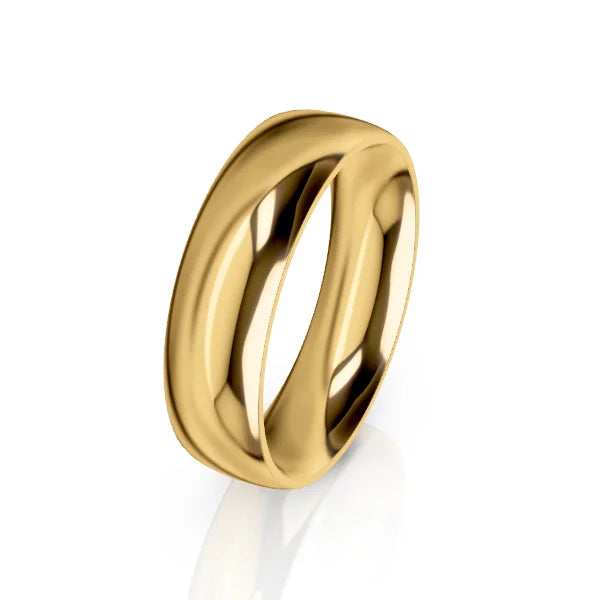 A shiny, polished gold ring with a curved, twisted band design on a white background.
